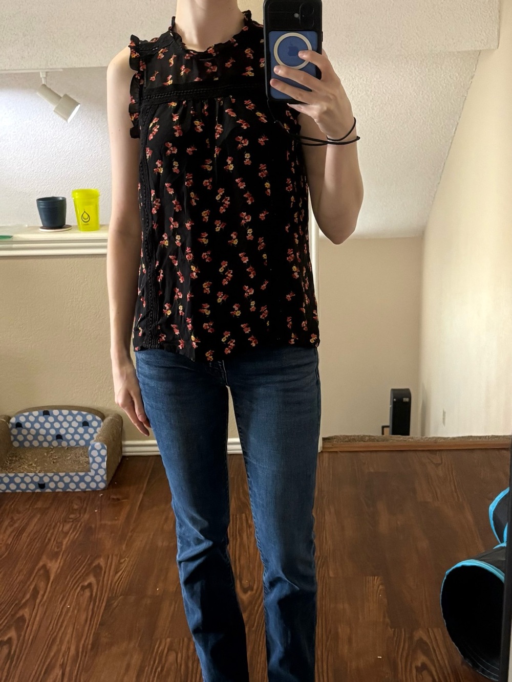 a.n.a Black Sleeveless Floral Ruffle Yoke Top with Red and Cream Flowers